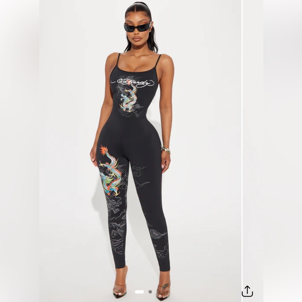 Ed Hardy Dragons Jumpsuit Black Printed One Piece Low Back Small NWT NEW